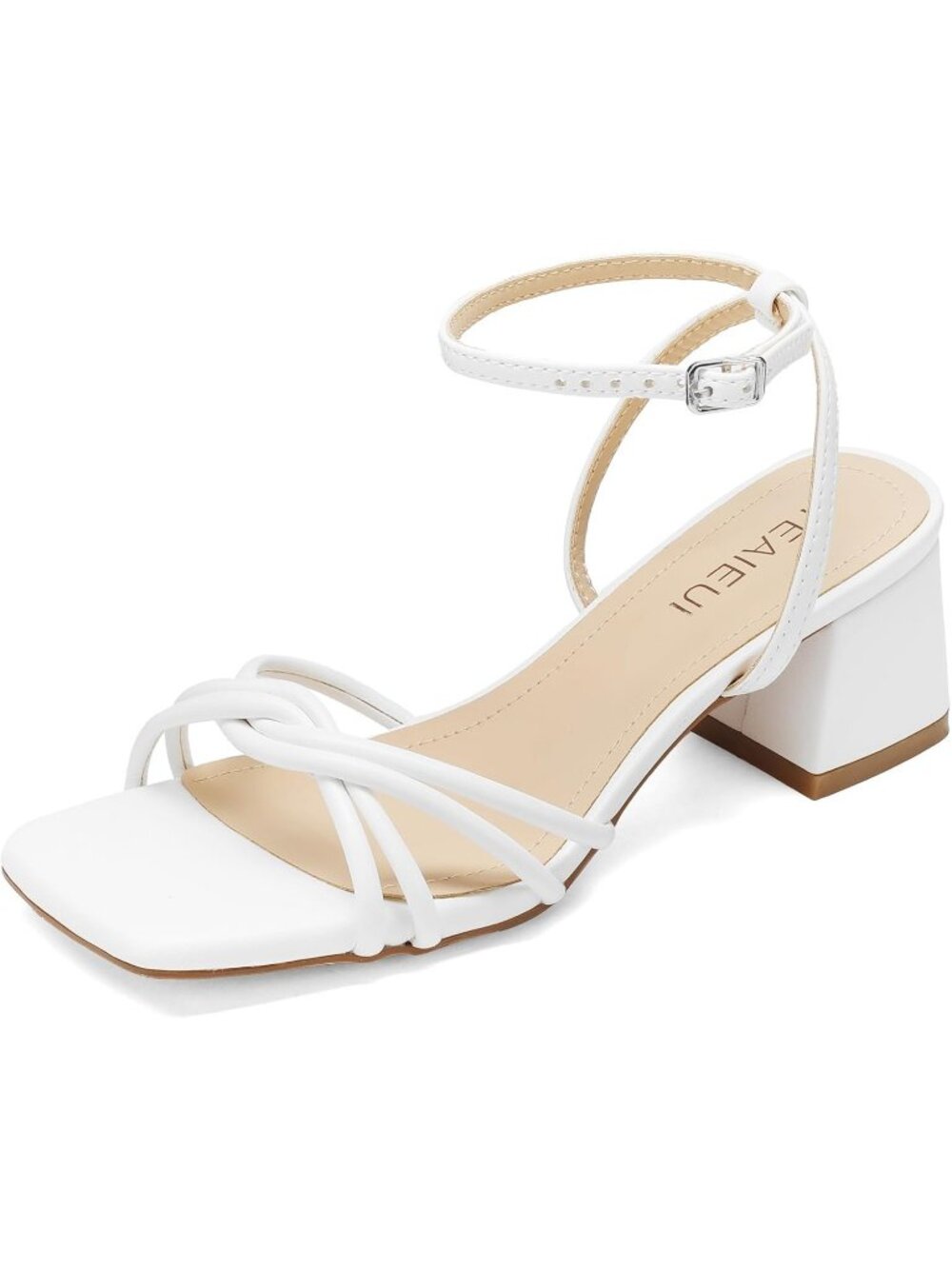 Women's White Square Open Toe Strappy Ankle Strap Stylish Low Chunky Heel Sandal